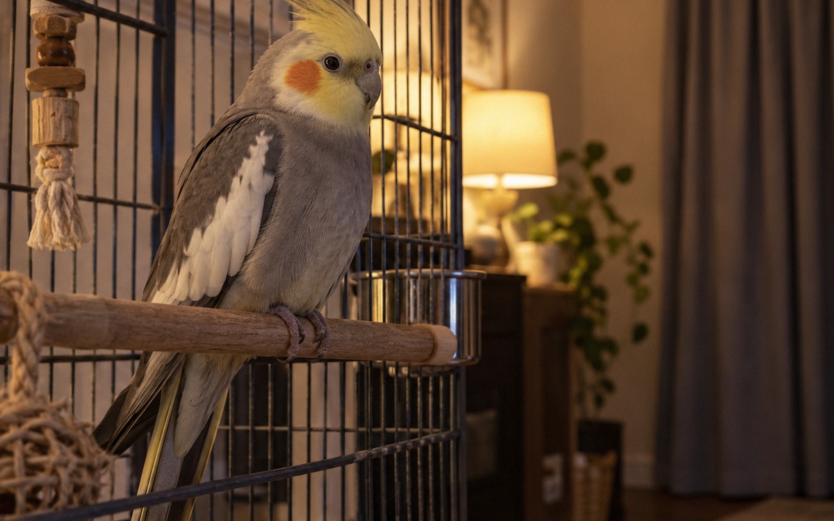 A calm cockatiel resting on a perch in a well placed bird cage near a wall, several feet away from a