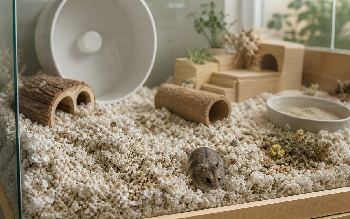 Photorealistic spacious hamster habitat with deep paper bedding, large exercise wheel, wooden hideou