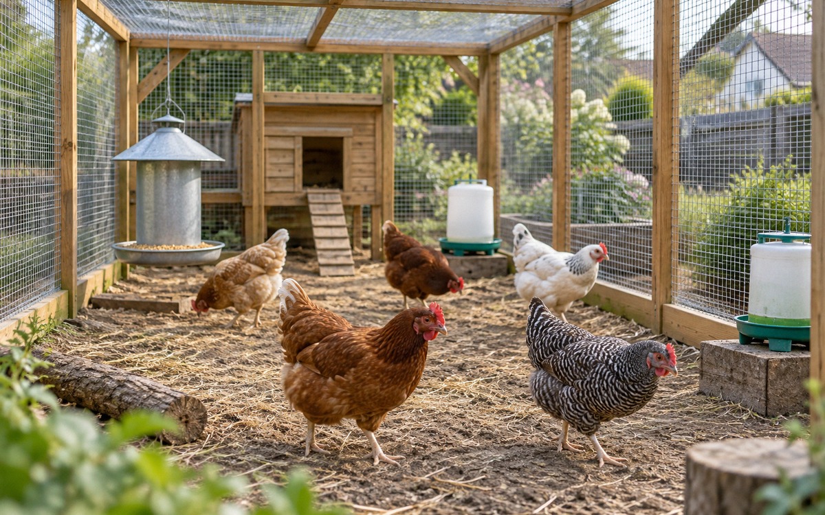 Well-maintained backyard chicken run protected with fine mesh roof and sides, covered feeders and fr