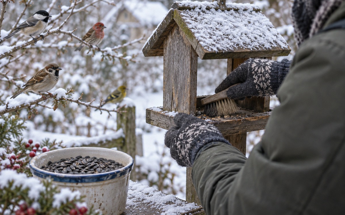 Person wearing winter gloves carefully cleaning a small wooden bird feeder outdoors with a brush, a 