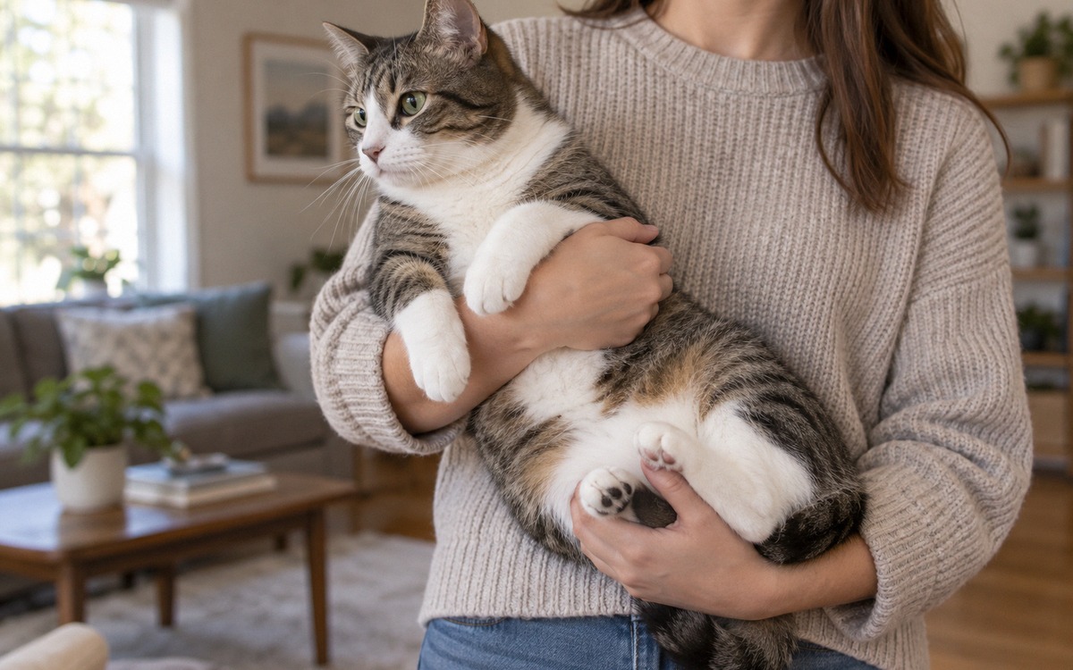 Photorealistic pet care scene: an adult domestic cat being lifted correctly for a brief moment by a