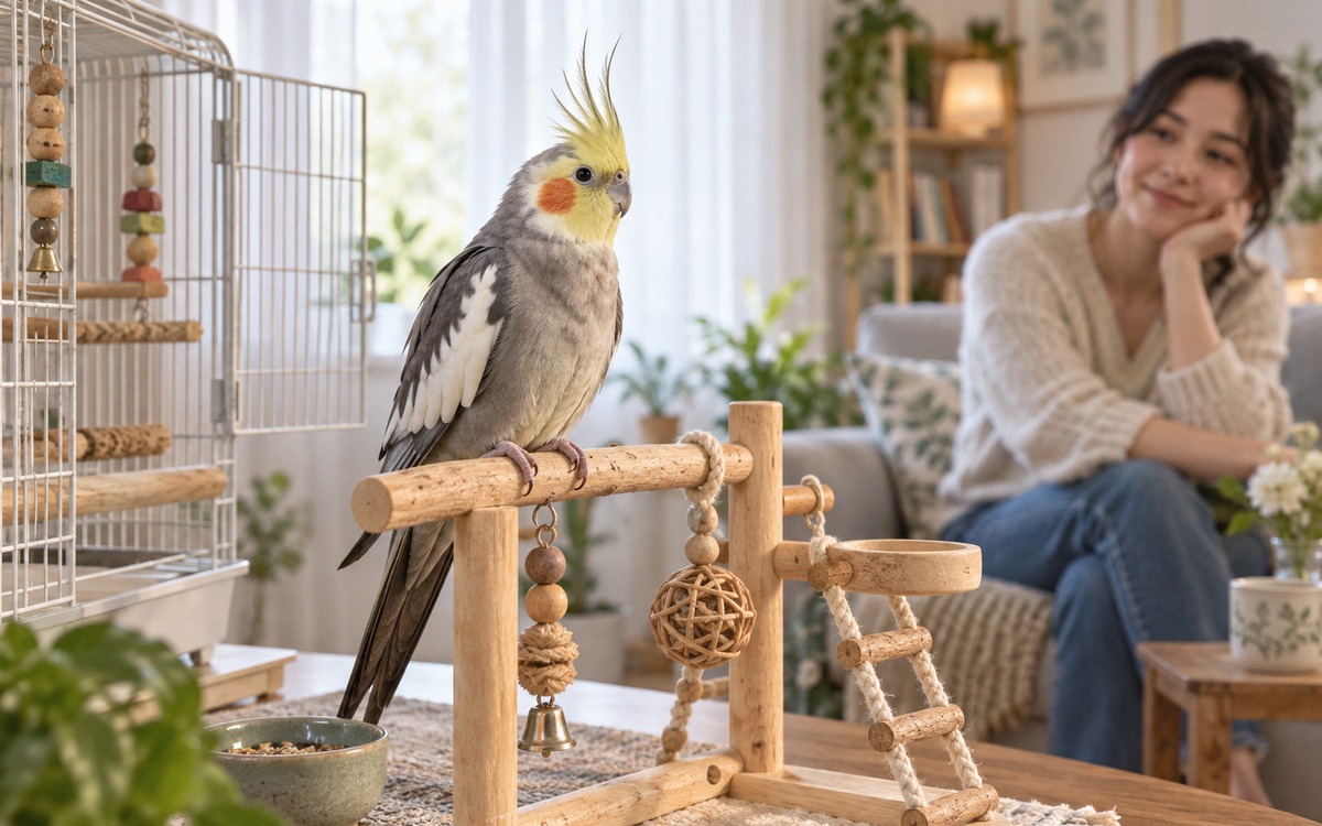 A tame cockatiel perched on a small tabletop play stand next to its open cage in a bird-safe living