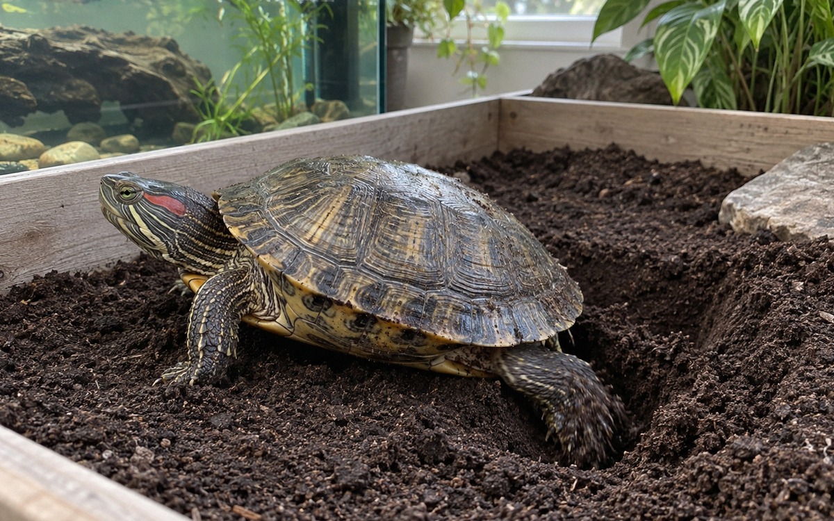 Female red-eared slider turtle in a secure nesting box beside an aquarium, gently digging with her b