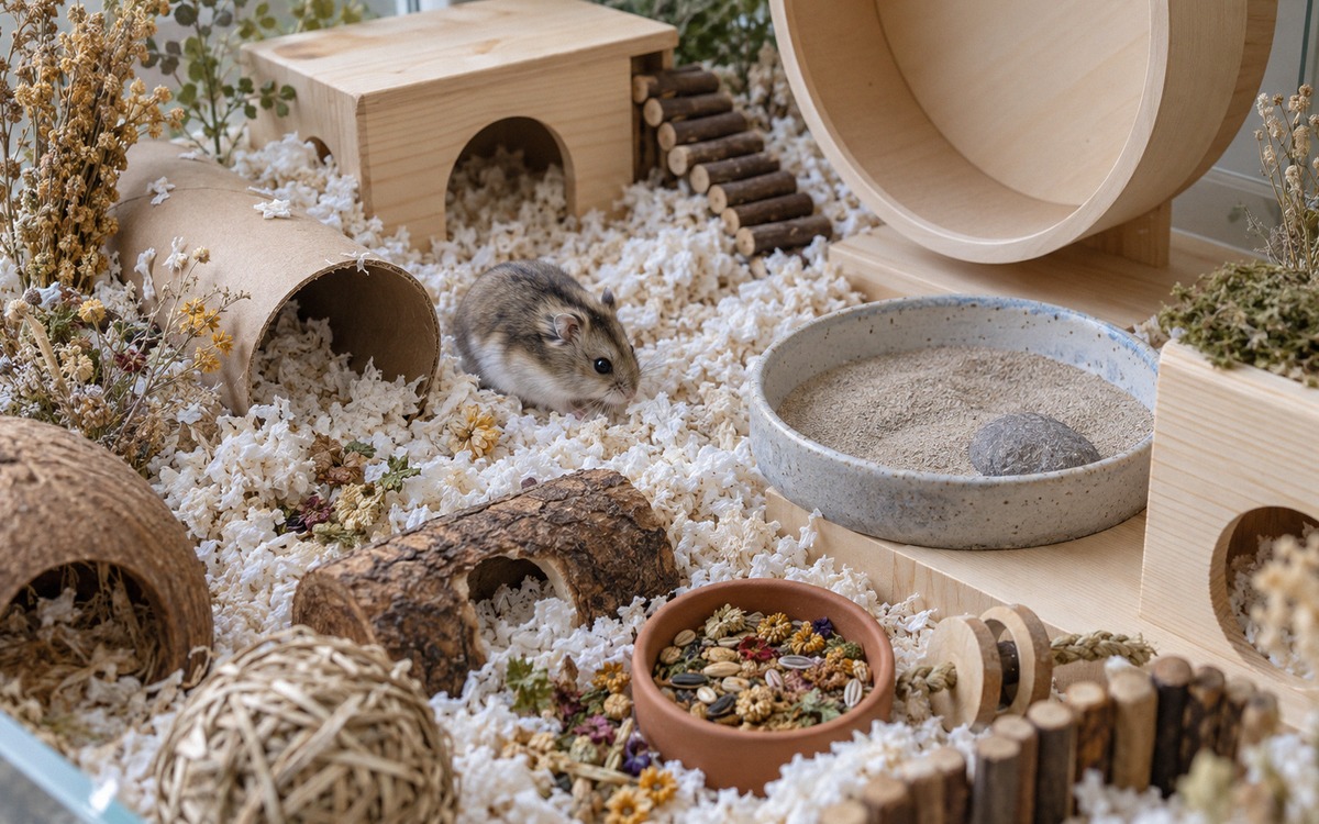 Enriched hamster enclosure viewed from above at a natural angle: dwarf hamster exploring deep paper 