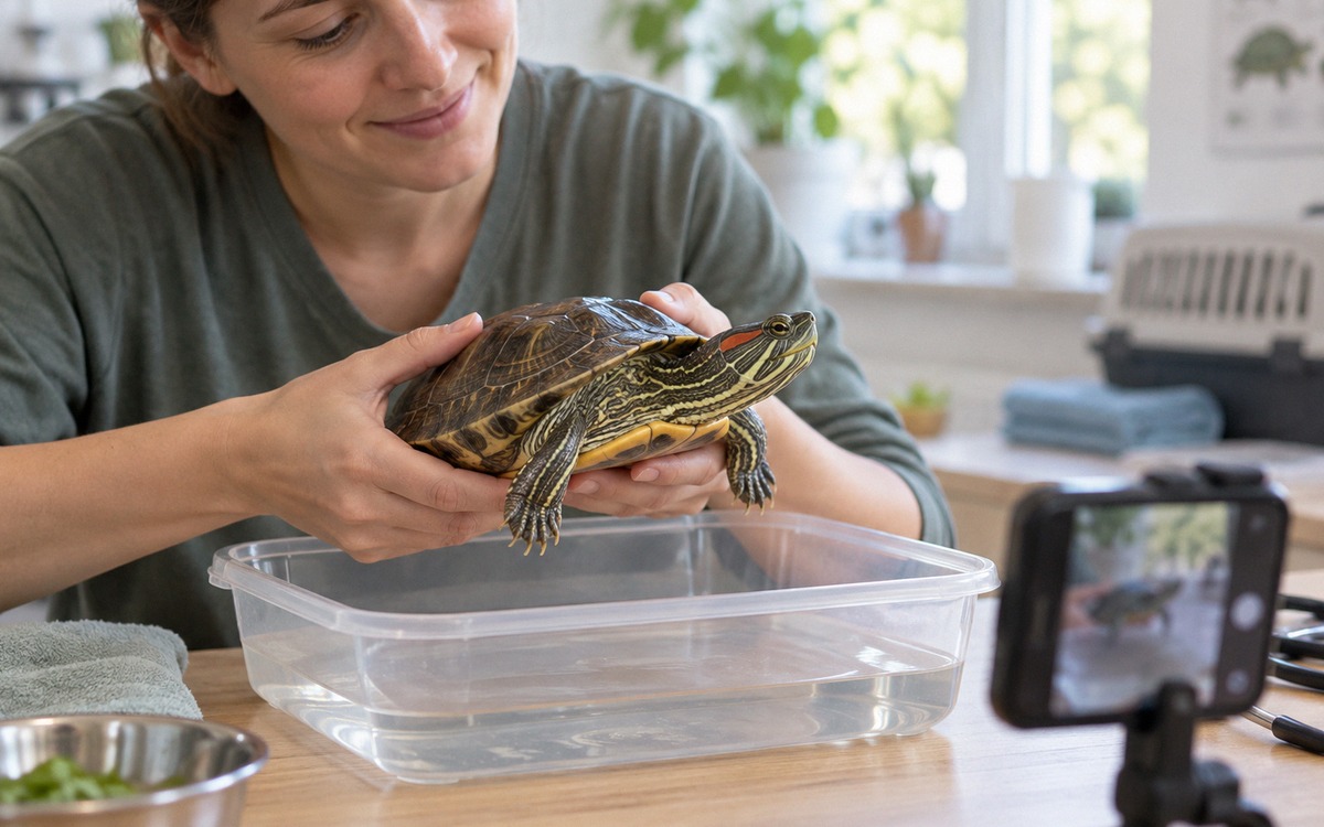 Responsible pet owner gently observing a red-eared slider turtle in a shallow clean container, hands