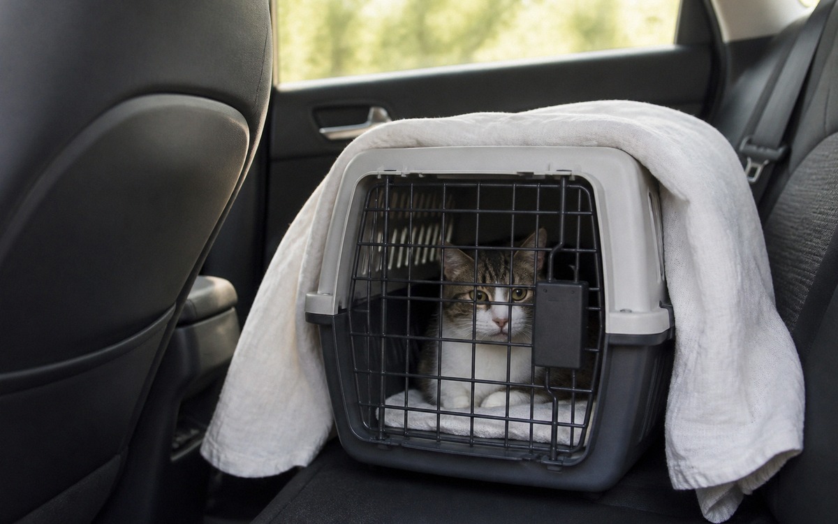 A secured pet carrier with a calm cat inside placed safely on the floor behind a car seat, light bre