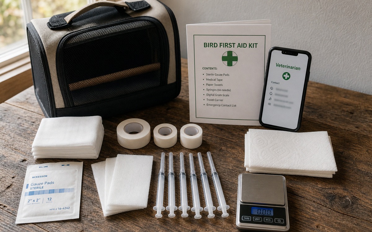 Photorealistic flat lay of a bird first aid kit on a wooden table: sterile gauze, small syringes wit