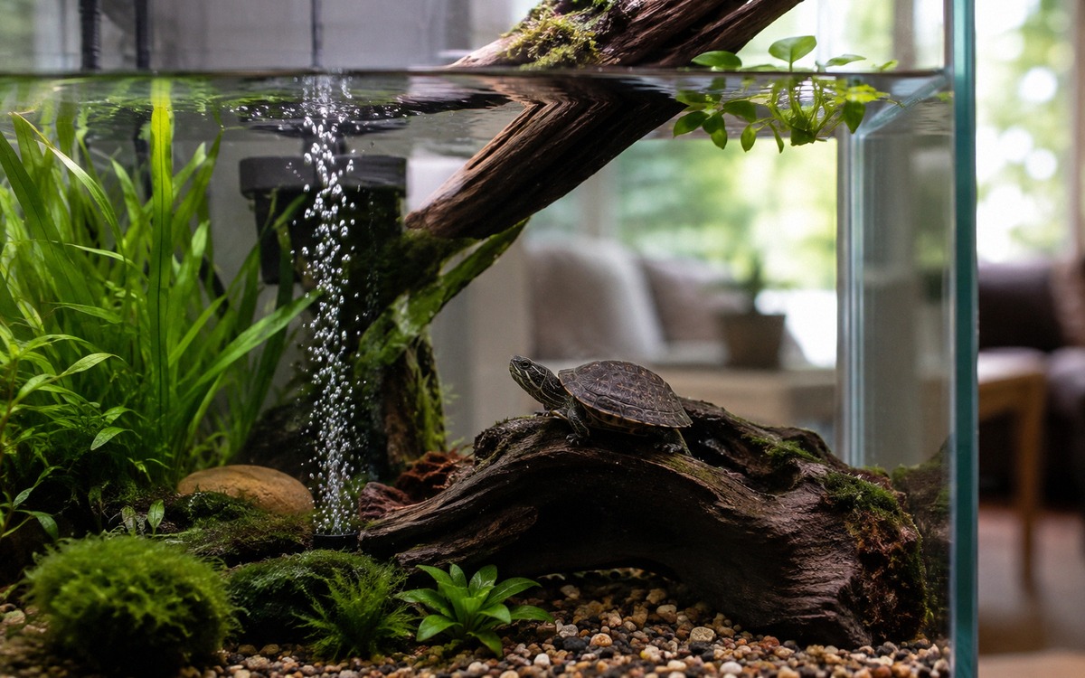 Photorealistic scene of a small musk turtle resting on underwater driftwood in a well-designed aquar
