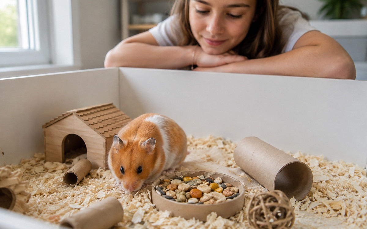 A safe hamster playpen on the floor with high walls, cardboard tunnels, a small hideout and scattere