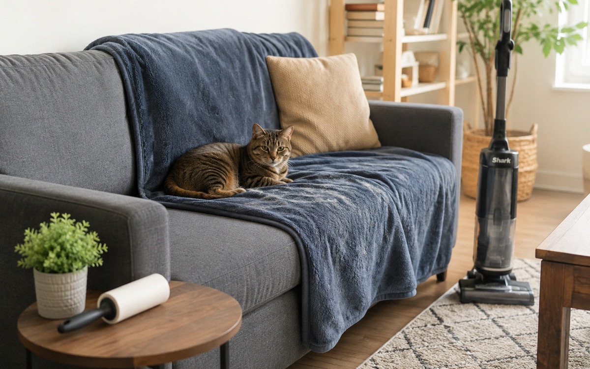A cozy apartment scene with a cat resting on a washable blanket on the sofa, a lint roller and vacuu