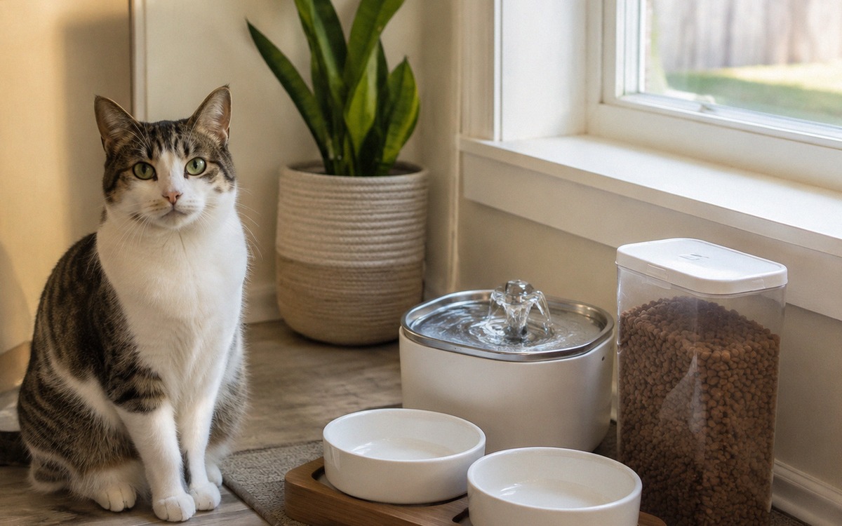 Photorealistic home scene of a cat feeding station with two clean bowls, a water fountain, portioned