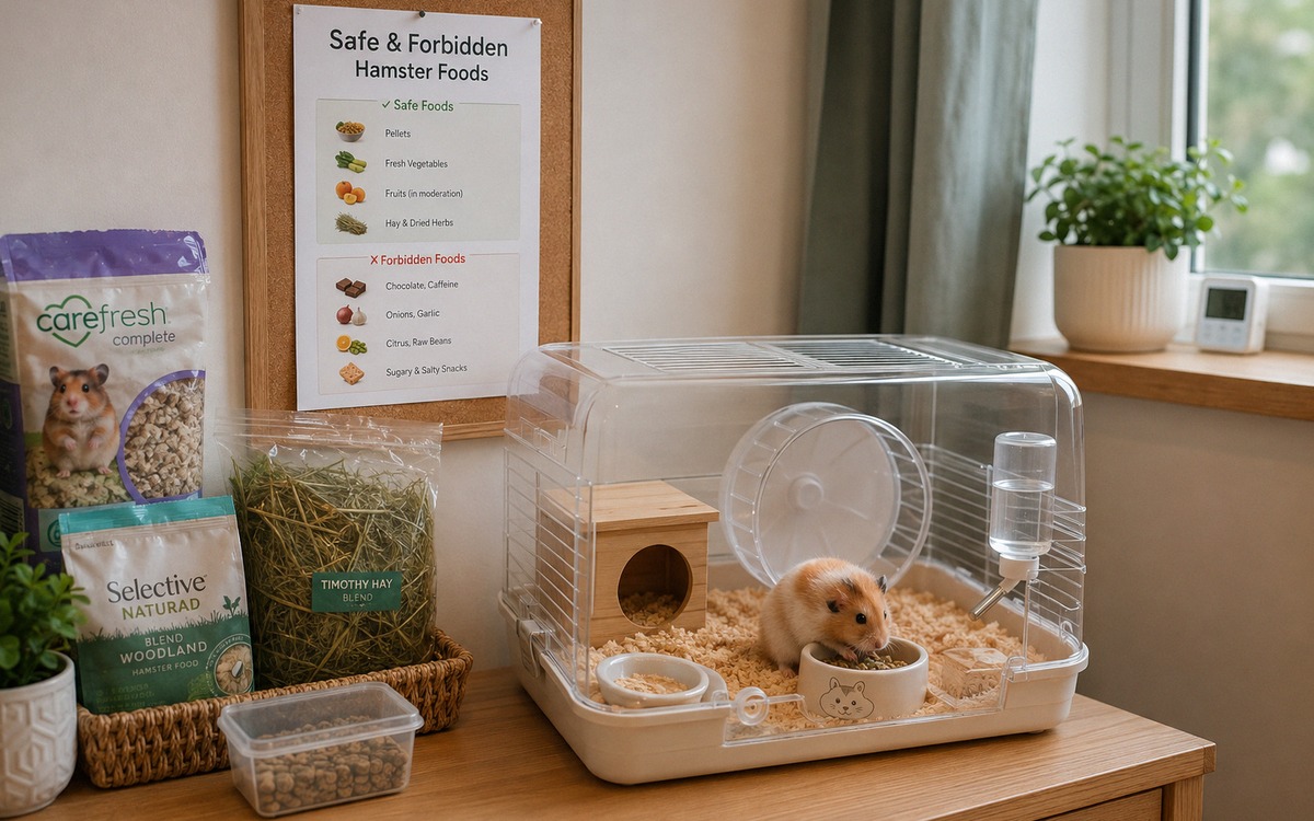 Photorealistic home scene with a hamster cage and a printed safe and forbidden food checklist pinned