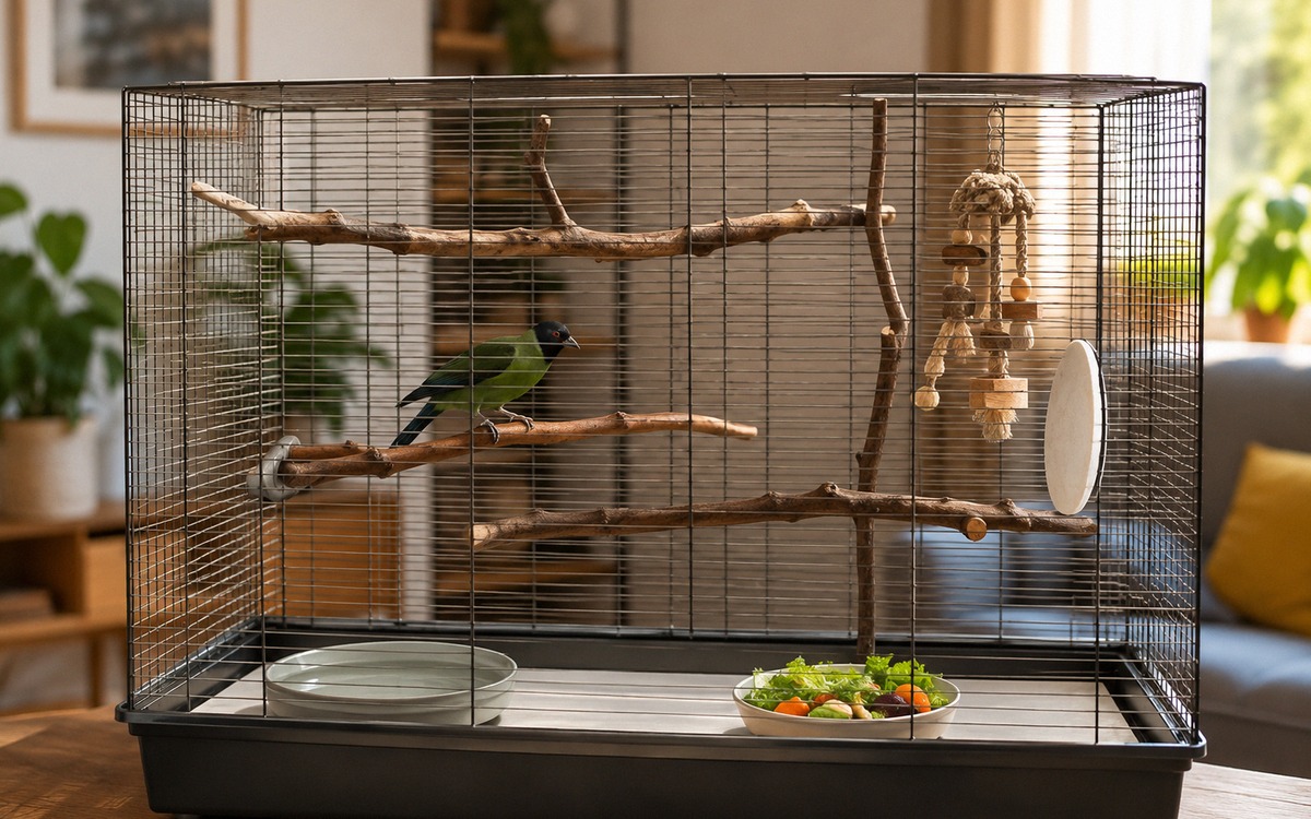 A safe home setup for a rare pet bird: spacious rectangular cage with natural branches, mineral cutt