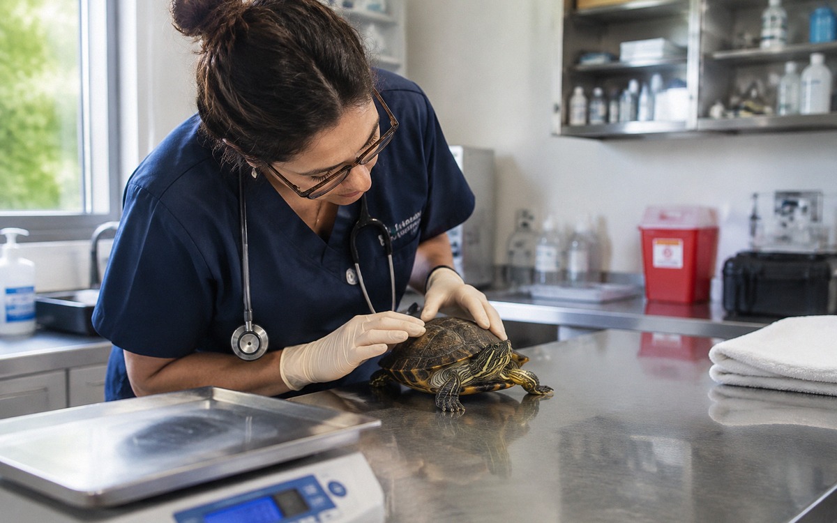 Photorealistic scene of an exotic animal veterinarian gently examining a pet turtle on a clean clini