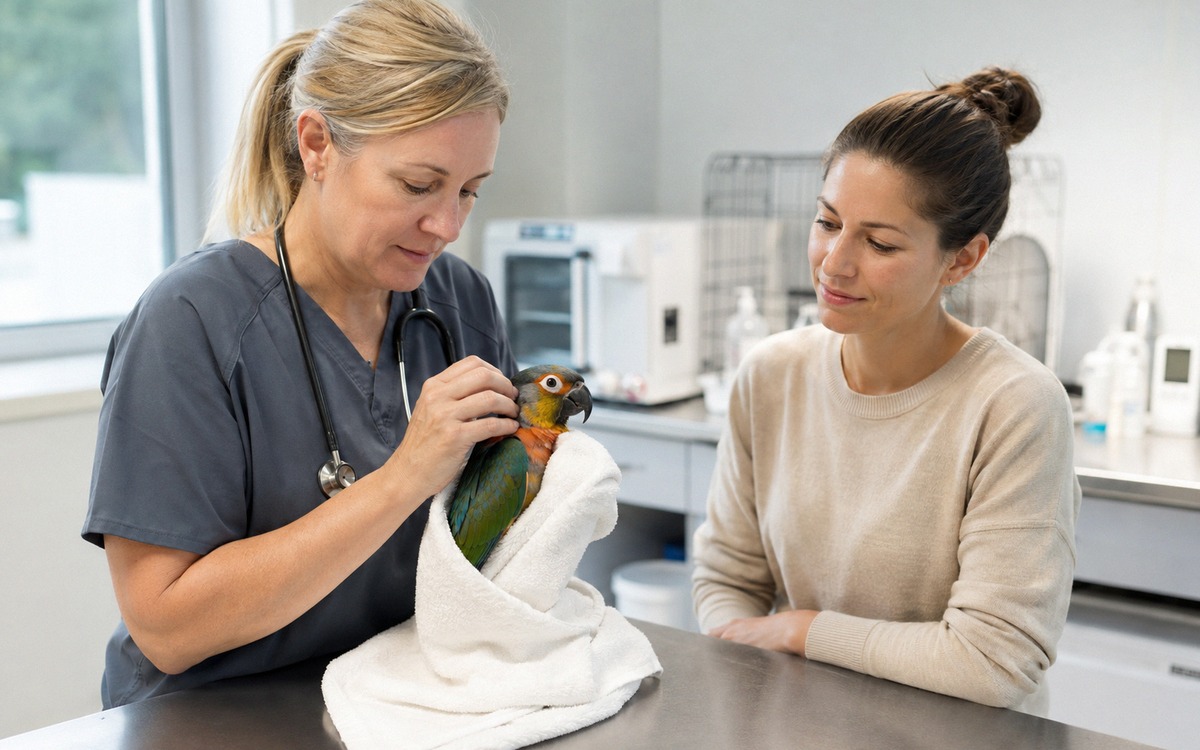 Photorealistic veterinary examination of a small parrot by an avian veterinarian, gentle handling wi