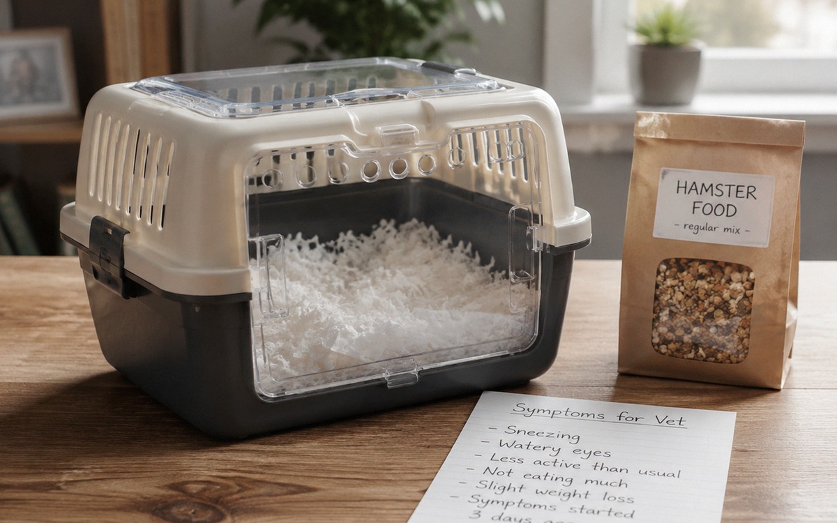 A hamster travel carrier ready for a veterinary visit, placed on a table with a small bag of regular