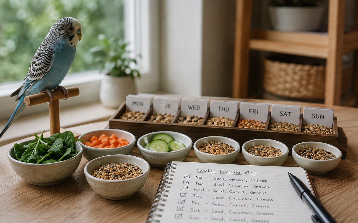 Photorealistic natural photography of a weekly bird feeding setup on a table: small portions of budg