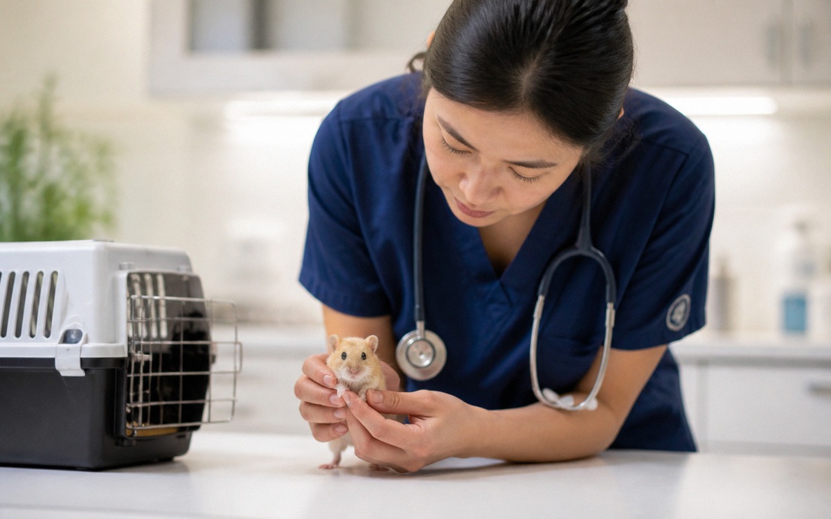 Small hamster being gently examined by an exotic pets veterinarian on a clean table, veterinarian ha