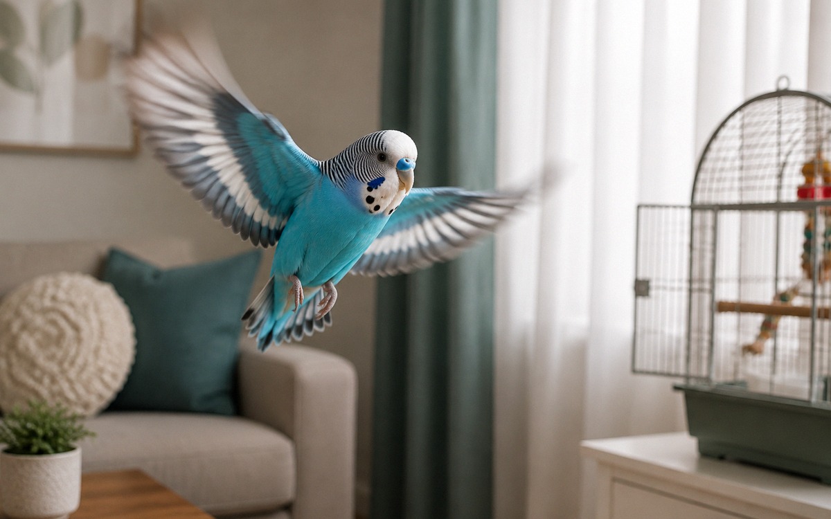 Photorealistic scene of a blue budgerigar flying safely in a prepared living room with closed curtai