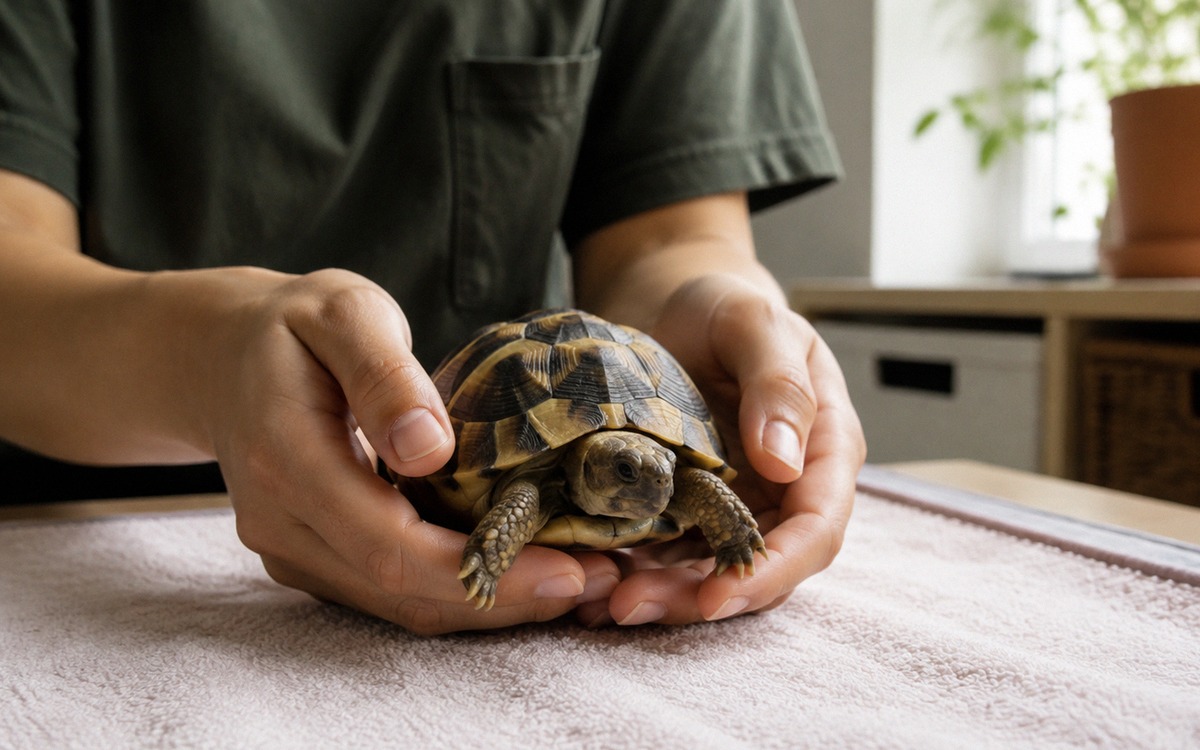 Photorealistic scene of a person safely holding a small tortoise with two hands low above a towel co