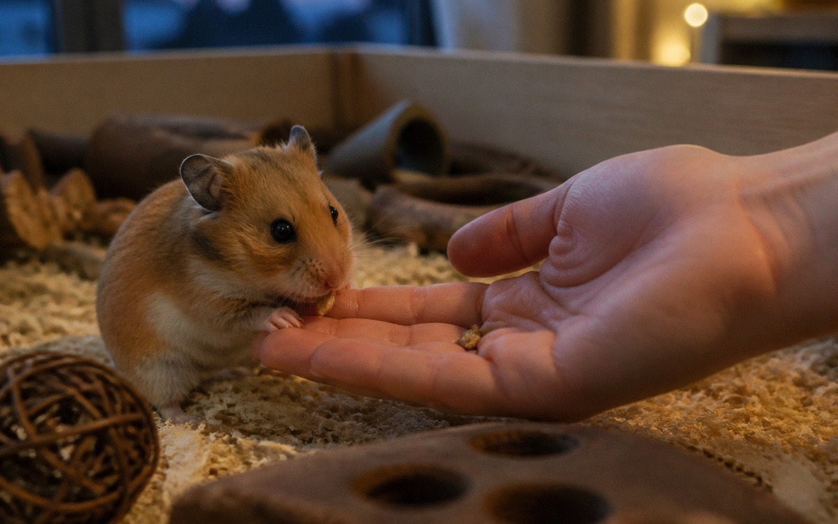 Photorealistic evening scene of a hamster gently taking a small seed from an open human palm inside 
