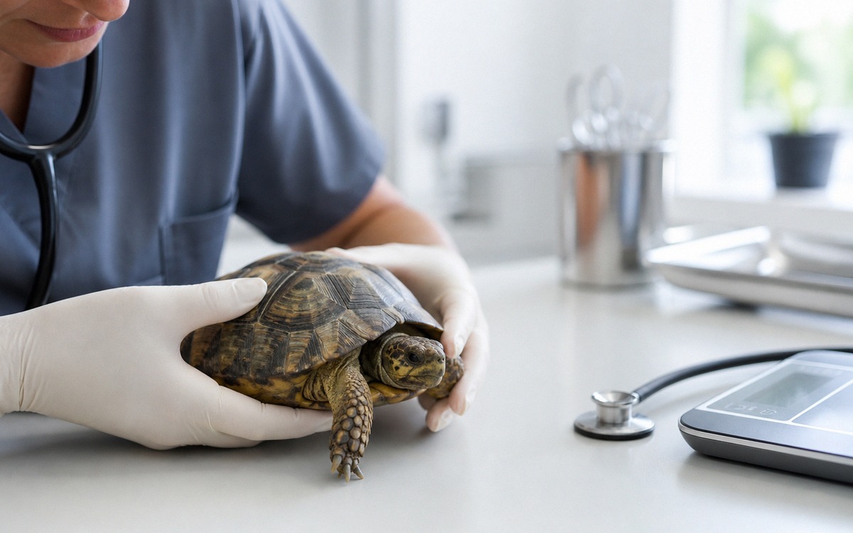 Photorealistic veterinary examination of a small tortoise by a reptile veterinarian, gentle gloved h