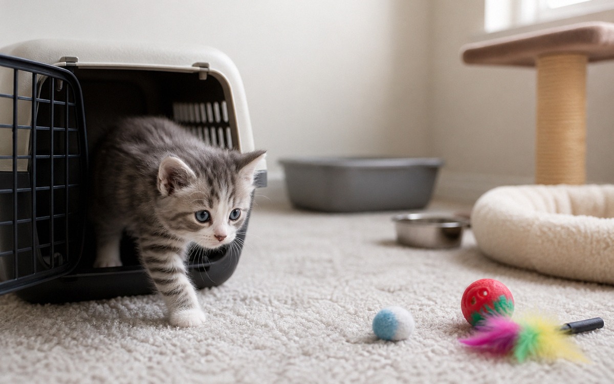 Photorealistic rare breed kitten cautiously stepping out of a carrier into a prepared quiet room wit