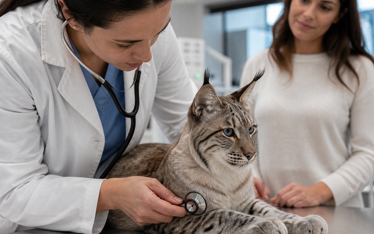 Photorealistic close scene of a rare domestic cat during a calm veterinary checkup, veterinarian gen