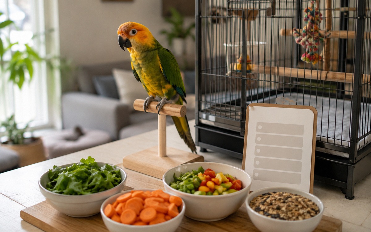 Photorealistic image of a tidy bird feeding station at home with a healthy parrot, labeled-looking b