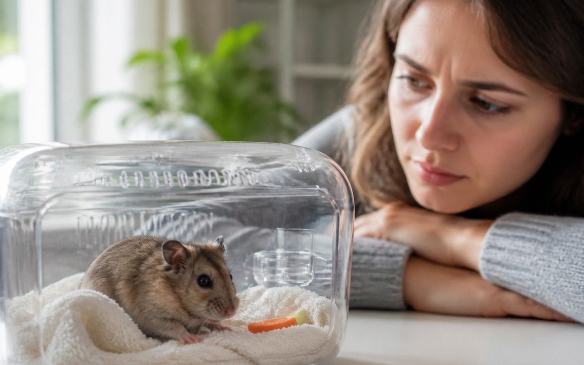 A concerned owner observing a quiet hamster in a travel carrier prepared for a veterinary visit, cle