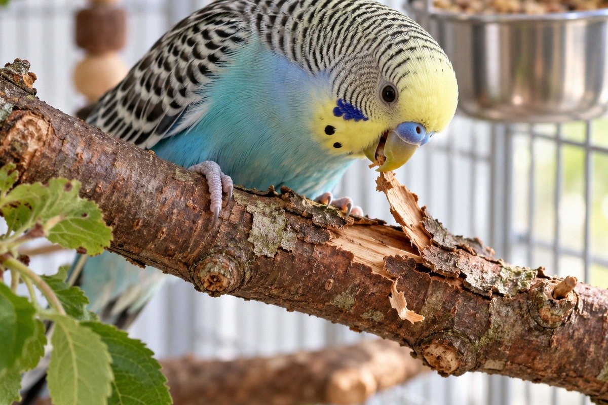 Close-up natural photography of a healthy budgerigar perched on a fresh untreated apple tree branch