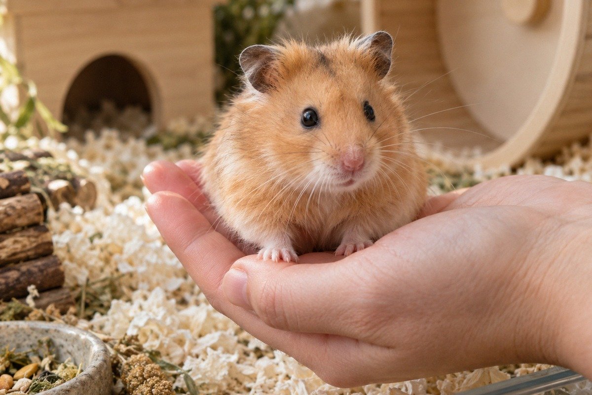 A realistic close-up of a golden Syrian hamster sitting calmly on an adult's open palm inside a spac