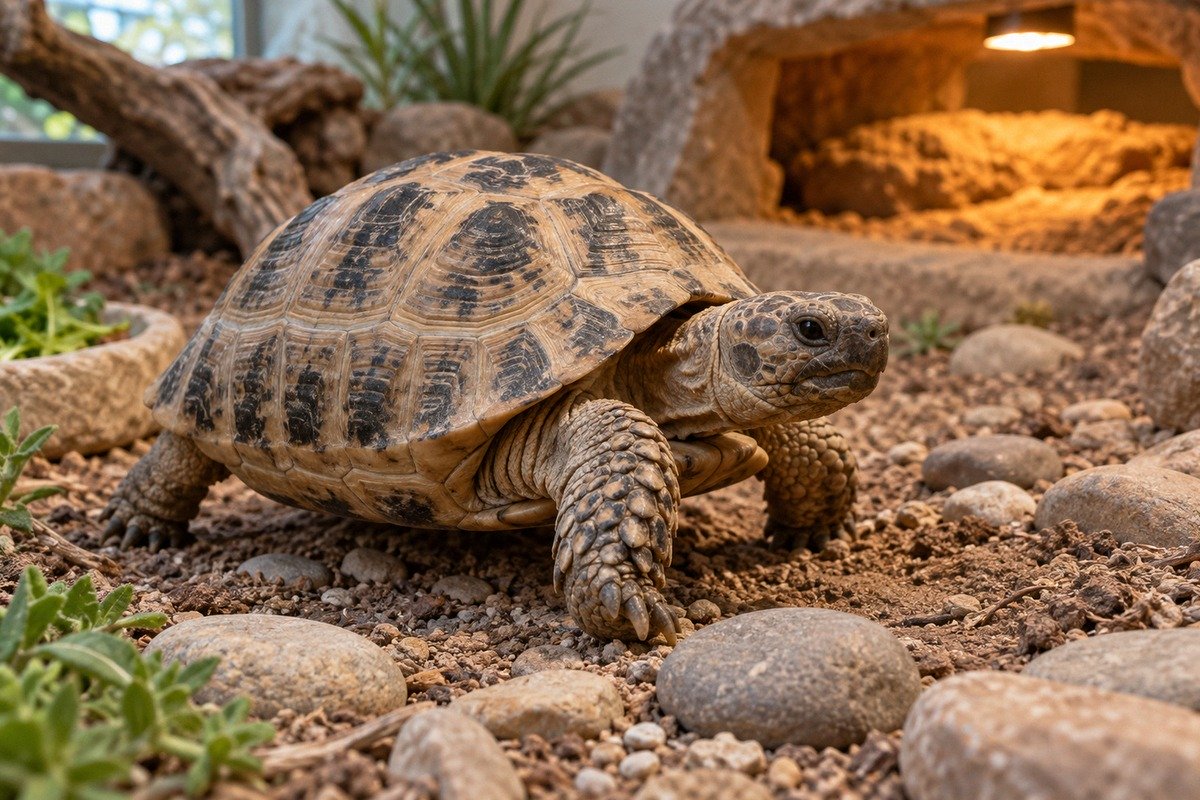 A healthy adult Central Asian tortoise in a well-maintained natural indoor terrarium, walking over d