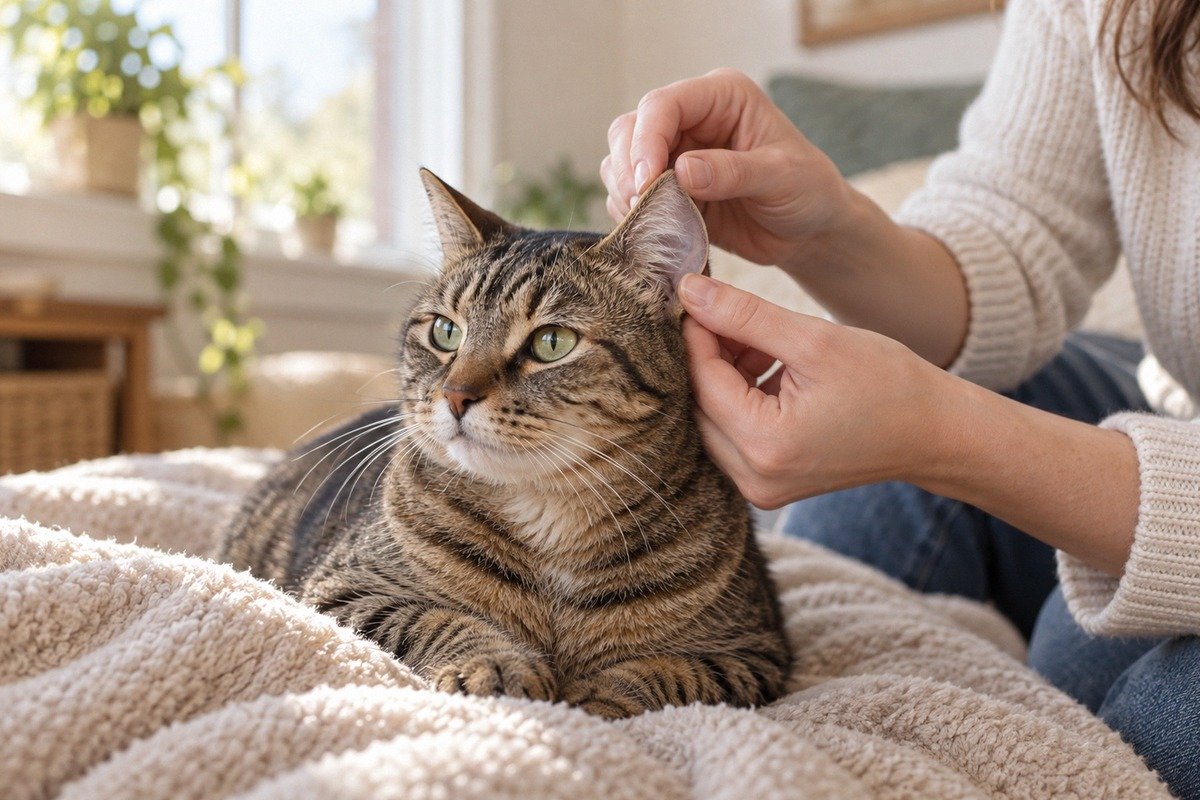 A calm domestic shorthaired tabby cat sitting on a soft beige blanket while a caring owner gently ex