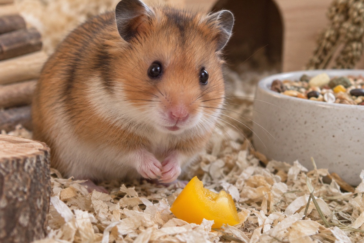 A realistic close-up of a healthy Syrian hamster sitting beside a tiny freshly cut piece of yellow b