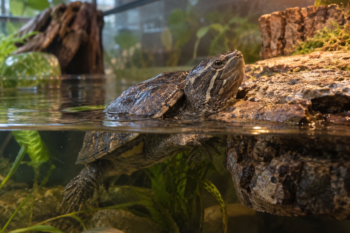 Photorealistic natural wildlife-style home pet photography of a small adult common musk turtle in a