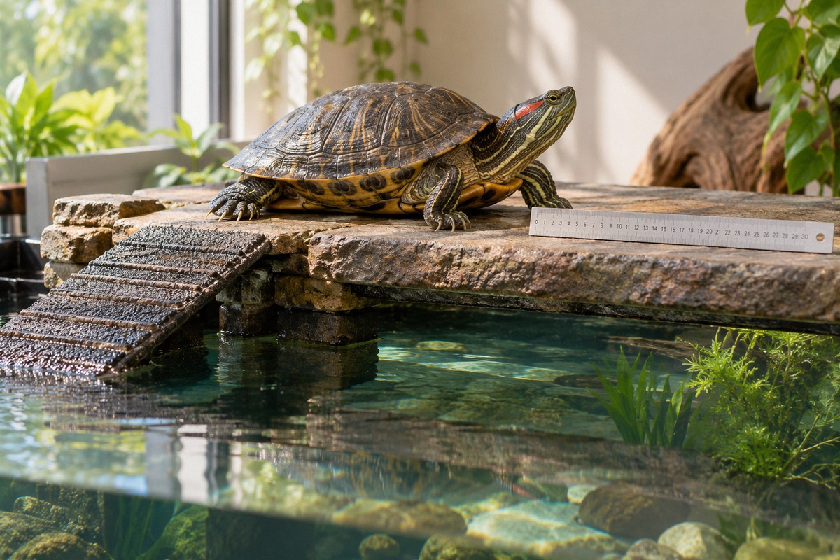Photorealistic editorial cover photograph for a responsible pet care article about adult red-eared s