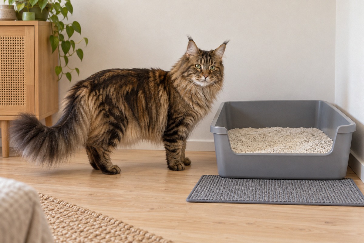 Photorealistic editorial photograph for a practical cat care article. A large adult brown tabby Main