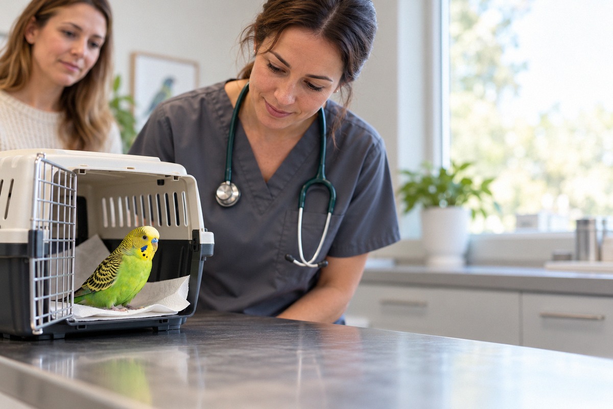 Photorealistic editorial photograph for a responsible pet health article: an avian veterinarian in a