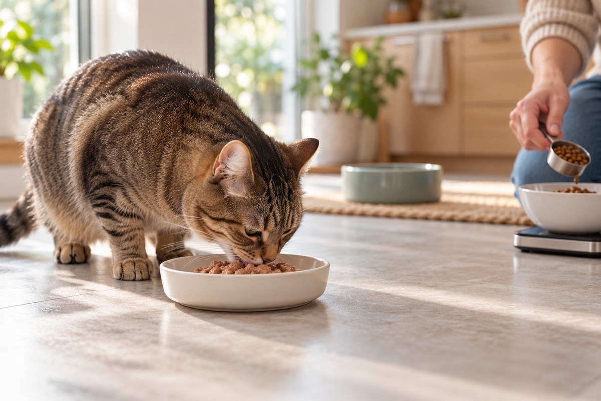 Photorealistic editorial cover photograph for a practical cat urinary nutrition guide. An adult neut