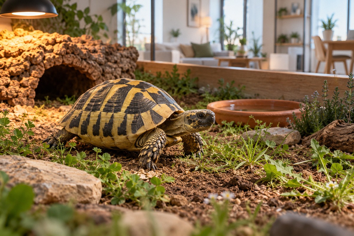 Photorealistic editorial cover photograph for a responsible pet turtle selection guide. A captive-br