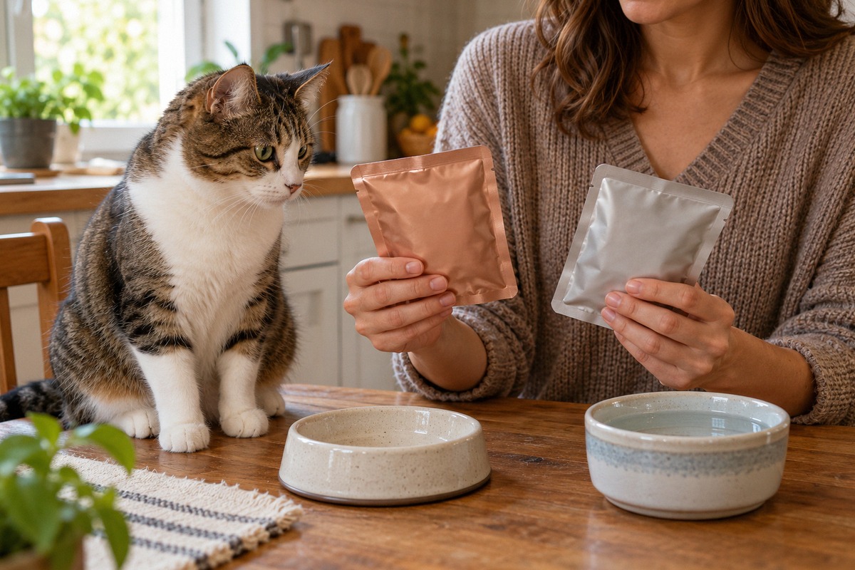 Photorealistic editorial scene in a lived-in kitchen: an adult domestic shorthair cat sits calmly be