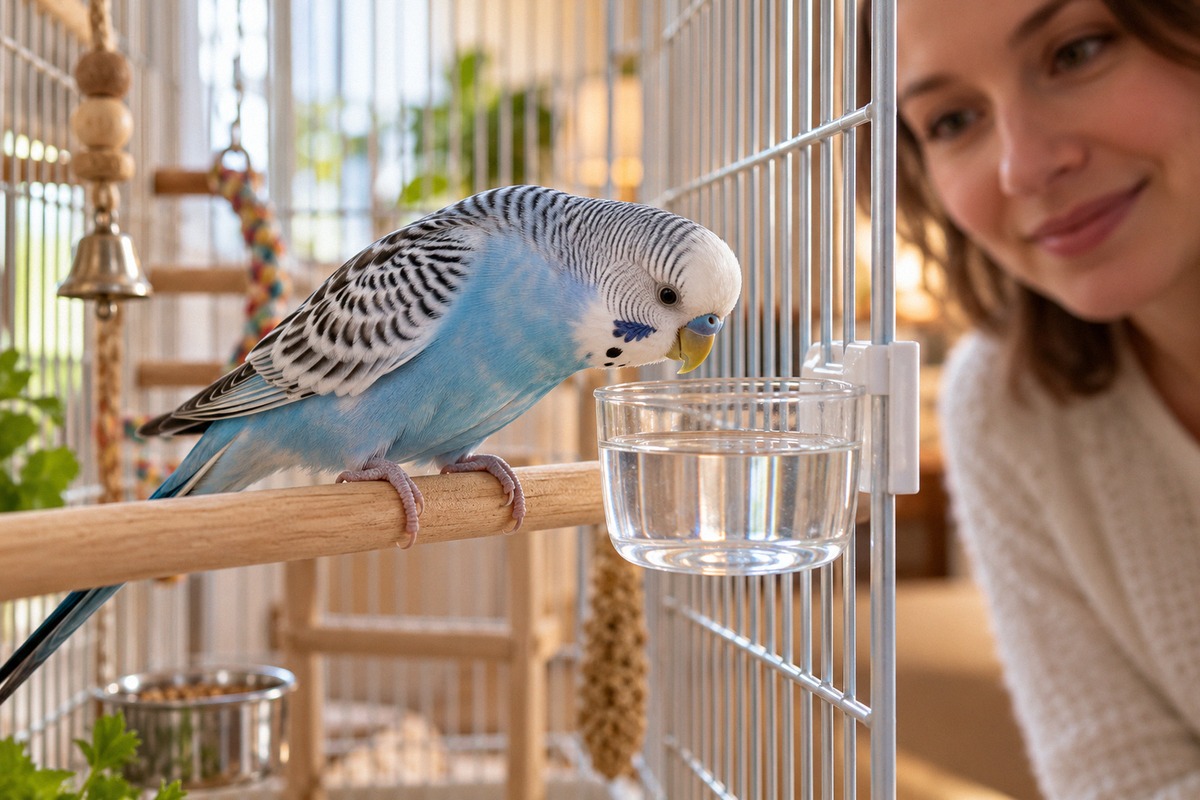 Photorealistic scene of a healthy blue and white budgerigar perched inside a spacious, clean home ca