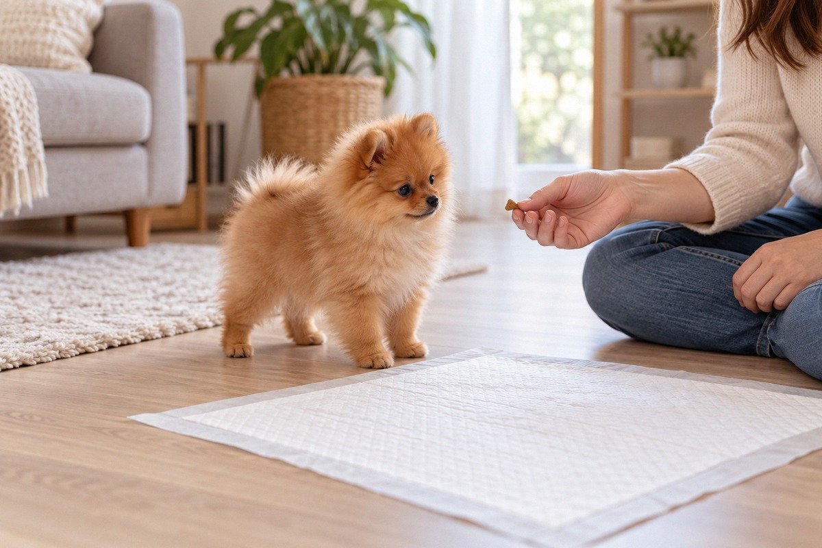 Photorealistic editorial photograph for a dog care article: a small two-month-old orange Pomeranian