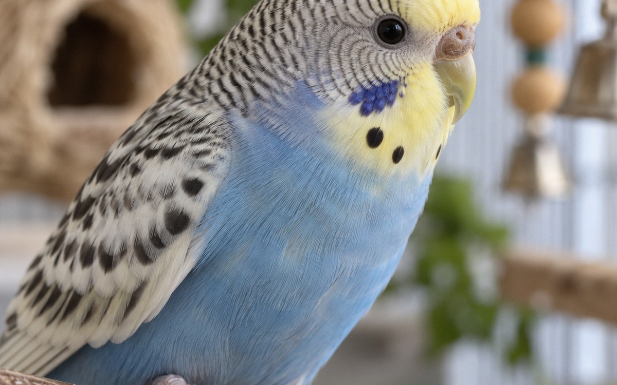 Natural macro photography of an adult female budgerigar in profile on a wooden perch, camera focused