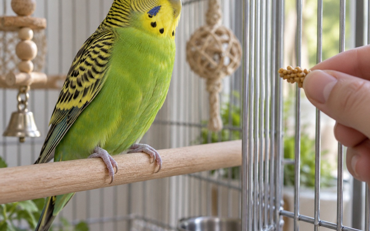 Close realistic photograph of a budgerigar communicating body language on a wooden perch inside a cl