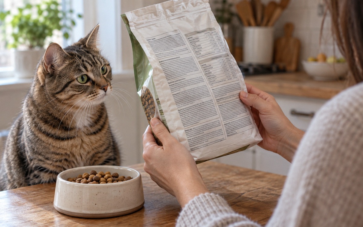 Photorealistic close-up of a cat owner holding an open dry cat food package and carefully reading th
