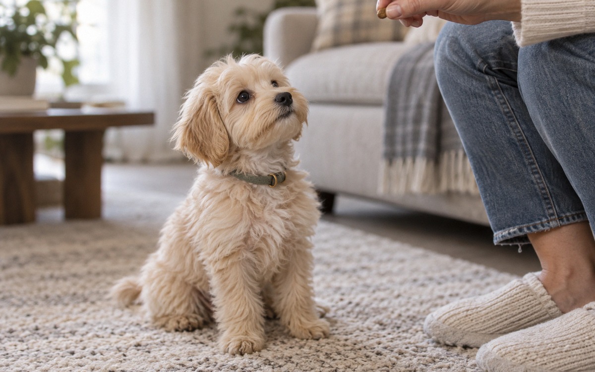 A young cream-colored maltipoo puppy looking up at its owner during name-response training in a quie