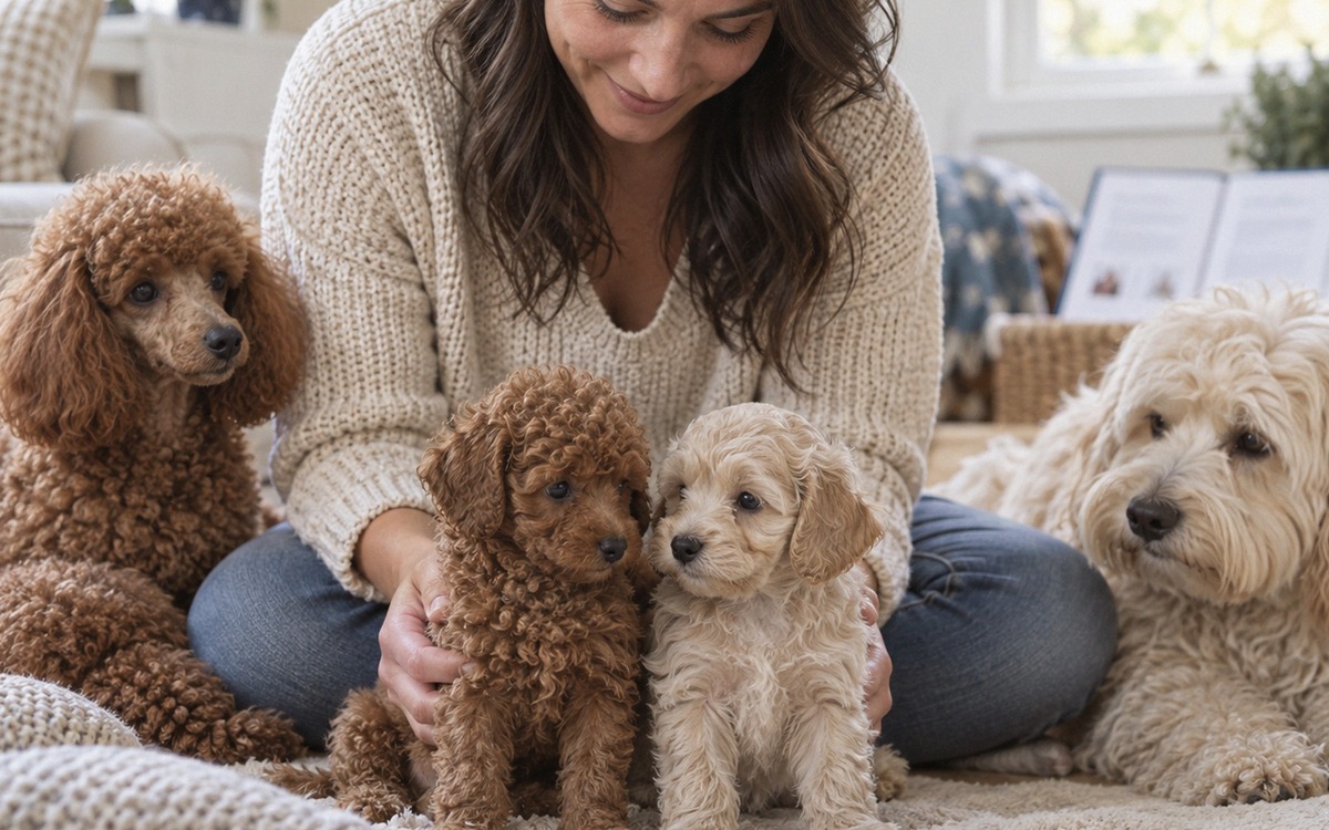 Photorealistic close natural scene of a responsible breeder sitting on the floor with two small pupp