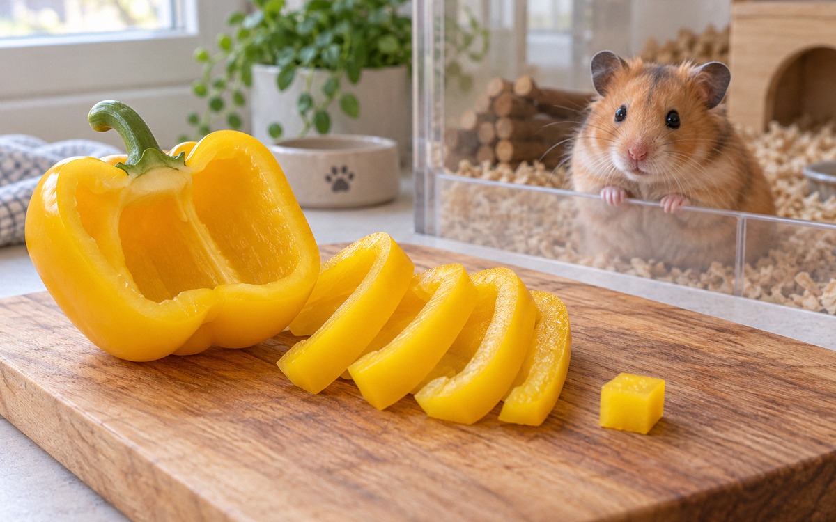 Photorealistic pet care scene: a clean cutting board with a yellow bell pepper sliced open, seeds an